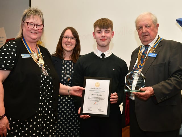 Thomas Melville of Carre's Grammar School, with L-R Paula Ireland, Hayley Goymer, Graham Reams
