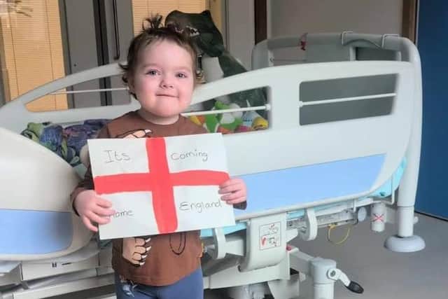 Boston's Daisy Brown, three, showing her support for England from Sheffield Children's Hospital where she stayed up late to watch the Mexico game.