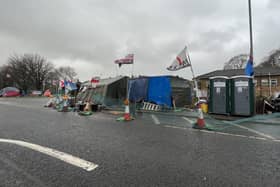 The protest camp outside the main gate of RAF Scampton
