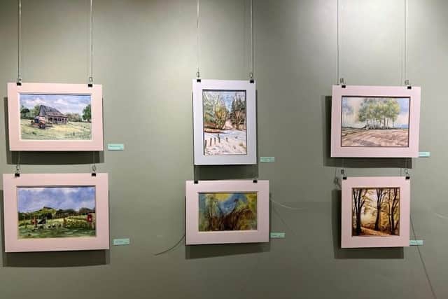 Mrs Westerby's paintings hanging in the Spout Yard Gallery in Louth.