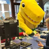 Pantosaurus chats with school children