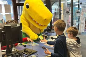 Pantosaurus chats with school children