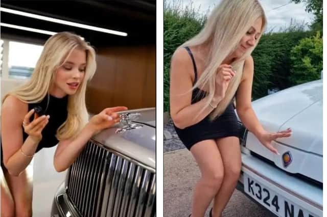Jon and Amy's video, right, parodies the original video of a model testing a luxury Bentley car, left.