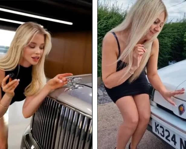 Jon and Amy's video, right, parodies the original video of a model testing a luxury Bentley car, left.