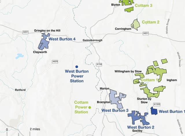 This plan shows the proposed sites for the solar farms