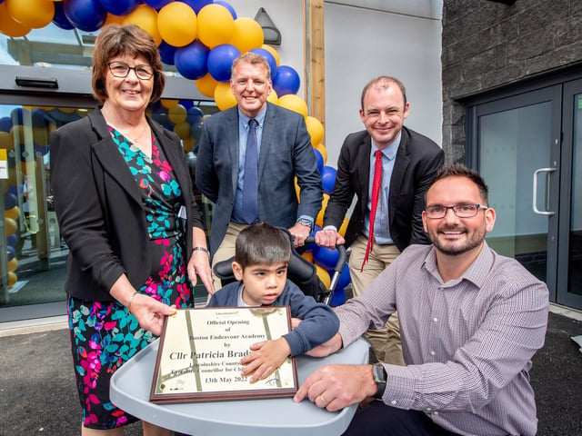 Pictured with the new school plaque are Coun Patricia Bradshaw portfolio holder for Children's services at Lincolnshire County Council, Peter Bell CEO Community Inclusive Trust, Matt Warman MP for Boston and Skegness, Aaron Bloodworth-Flat deputy head, and pupil Elijah Hawkins.