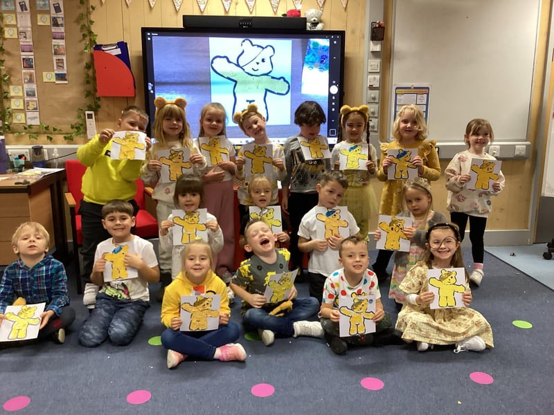 Year One's Robins class at Kirton Primary School with Pudsey designs, created as part of this year's Children in Need. The school held a 'wear yellow day' in support of the charity. Youngsters were also invited to design a bandana for Pudsey in a competion run by the school council.