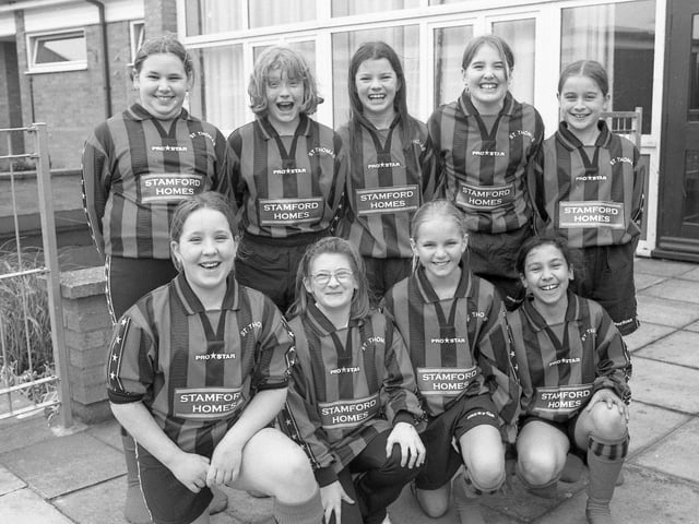Members of the girls football team at St Thomas' Primary School, Boston, in their new kit, sponsored by Stamford Homes.