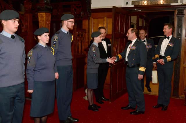 Cadets from the RAF section at King Edward VI Grammar School, Louth, providing a guard of honour for Flt Lt (Retd) Colin Bell DFC, a former Mosquito Pathfinder pilot.
