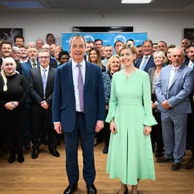 Reform leader Nigel Farage and mayoral candidate Andrea Jenkyns with the party's candidates for Lincolnshire County Council