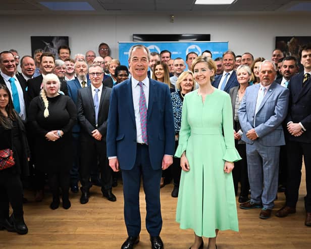 Reform leader Nigel Farage and mayoral candidate Andrea Jenkyns with the party's candidates for Lincolnshire County Council