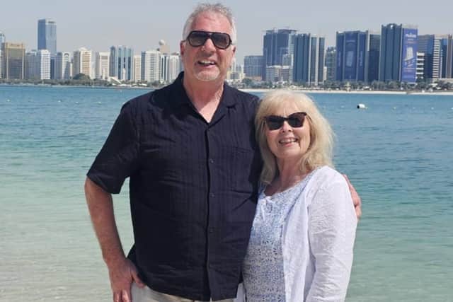 Enjoying the sunshine before the missiles began to rain down - Mick and Tina Brommell in Dubai.