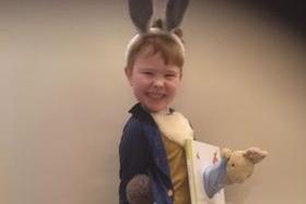 Oliver Broughton, aged five, dressed as Peter Rabbit for World Book Day.