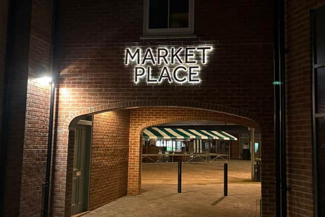 The new illuminated Market Place sign which draws attention and welcomes visitors to the Market Place