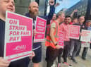 John Devlin 29/07/2022. GLASGOW. BT workers on the picket line in Glasgow. CWU members in Northern Ireland and across the UK, including 999 call handlers, are to take part in further strike action tomorrow