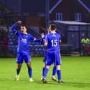 Gainsborough Trinity celebrate their late FA Trophy winner at Chester at the weekend.