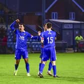 Gainsborough Trinity celebrate their late FA Trophy winner at Chester at the weekend.