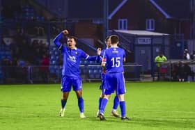 Gainsborough Trinity celebrate their late FA Trophy winner at Chester at the weekend.