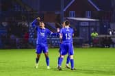 Gainsborough Trinity celebrate their late FA Trophy winner at Chester at the weekend.