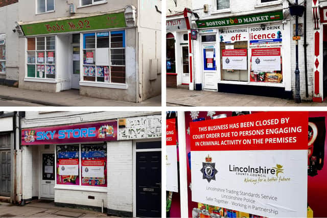The three closed premises in Boston and a close-up of one of the shop windows.