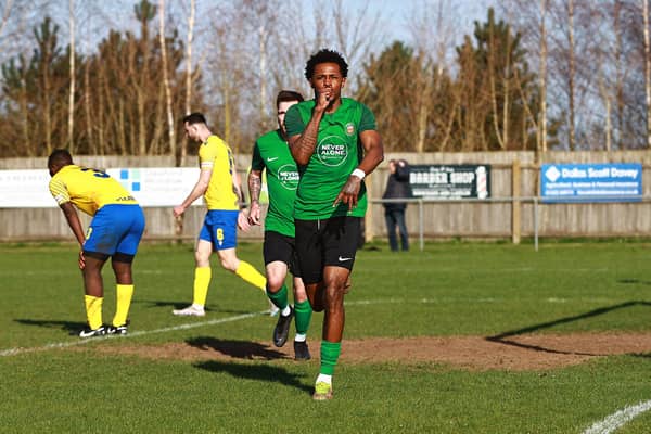 Akeel Francis celebrates scoring against AFC Mansfield on Saturday. Photo: Steve W Davies Photography.
