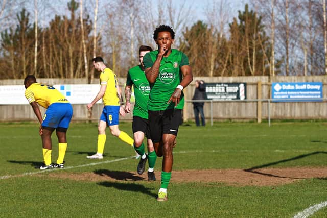 Akeel Francis celebrates scoring against AFC Mansfield on Saturday. Photo: Steve W Davies Photography.