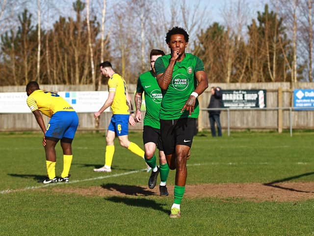 Akeel Francis celebrates scoring against AFC Mansfield on Saturday. Photo: Steve W Davies Photography.
