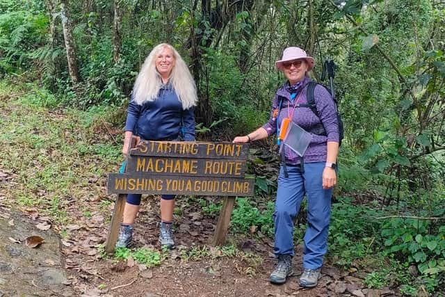 Joanne and friend Lorraine pictured near the start of the climb, which took them through rainforest.