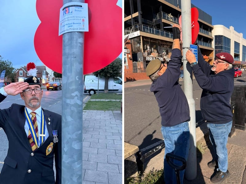 Skegness branch chairman Kevin Woolley, left, with fellow veterans as they install the large poppies on lampposts.