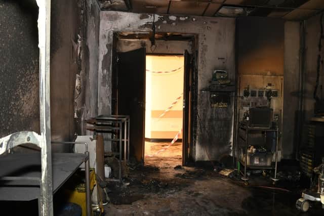 Fire damage done to the resus room because of the arson incident. Photo: ULHT