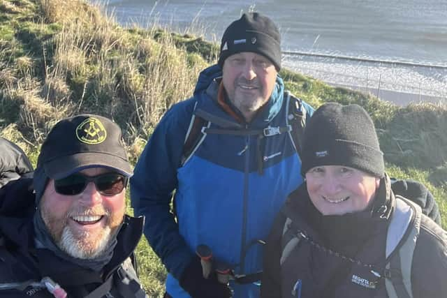 Chris Jones with  Lincolnshire Freemasons, Keith Appleton and Keith Edwards on the walk to Scarborough.