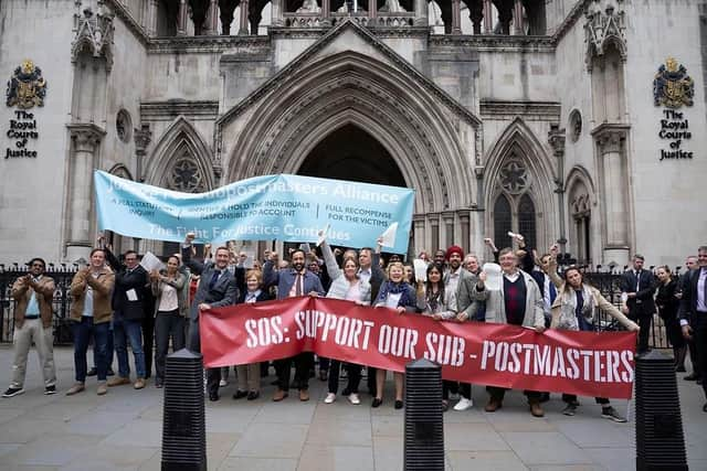 A scene from the drama showing the moment outside the Court of Appeal when sub postmasters and postmistresses were vindicated.