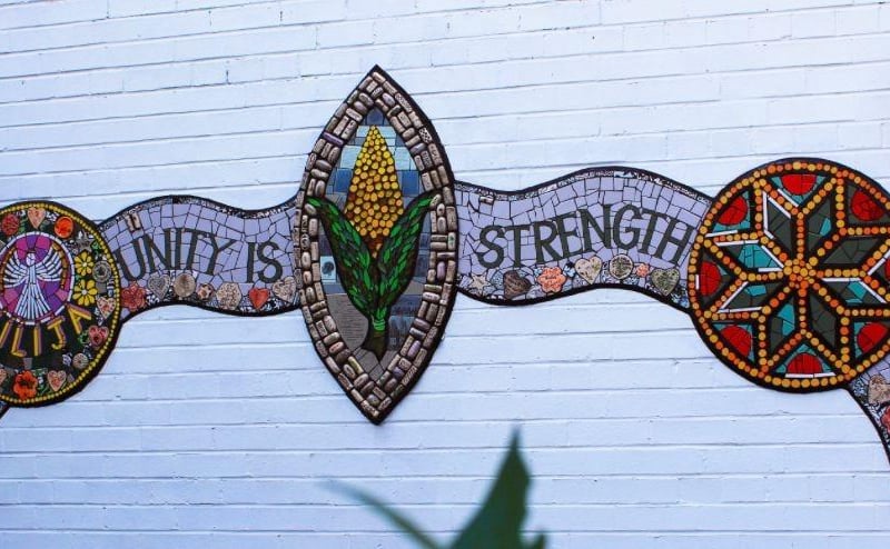 Another public tribute to Lilia Valutyte. This mosaic is located in Dolphin Lane is the work of artist Karen Francesca from Boston School of Mosaic. It includes the Baltic symbol of unity.