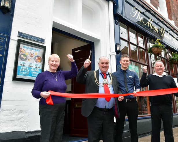 Pictured (from left) Marjorie Sherwin, Wetherspoon regular, Coun David Brown, Mayor of Boston, Andrew Sands, manager, and Tony Sherwin, Wetherspoon regular.