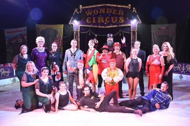 Performers with the Mayor and Mayoress of Skegness Couns Adrian Findley and Sarah Staples.