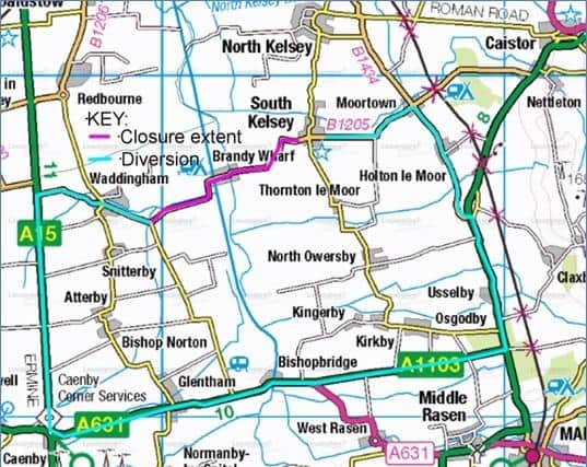 The diversion route is shown in blue.