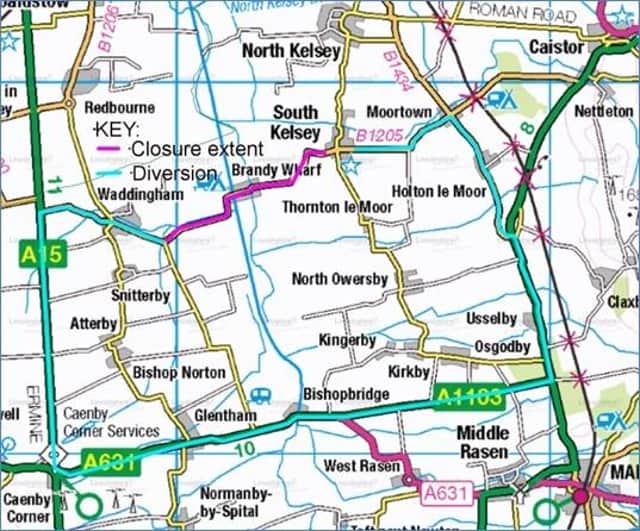 The diversion route is shown in blue.