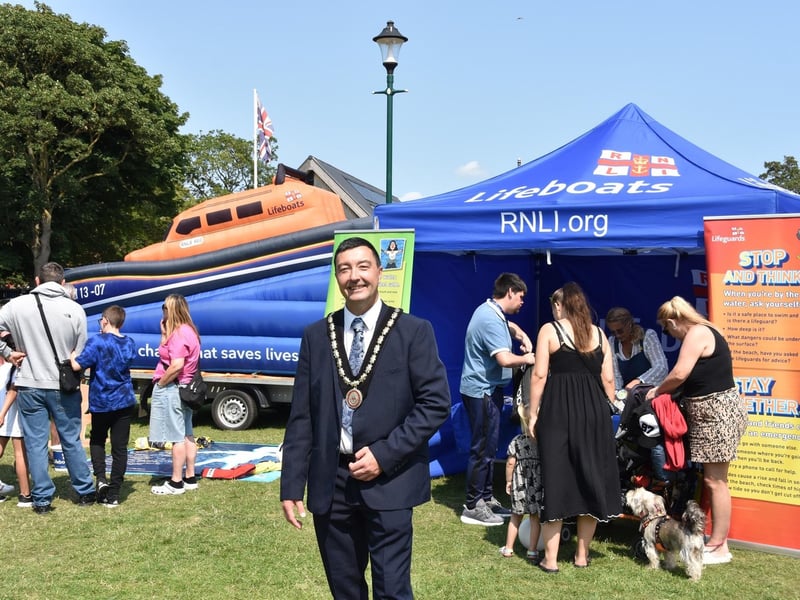 Mayor of Skegness Coun Jimmy Brookes drops in at the Skegness RNLI stand.