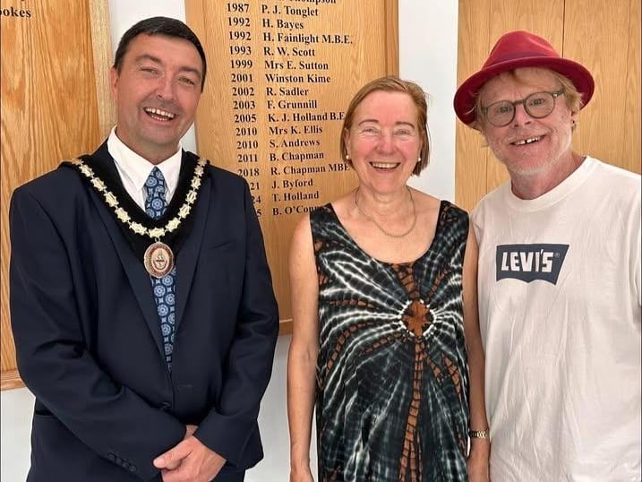Mayor of Skegness Coun Jimmy Brookes, Ingrid Lohmann, Deputy Mayor of Bad Gandersheim, and Skegness artist John Byford during the reception at the Tower Gardens Pavilion.
