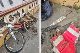 The bicycles and the knives recovered from the Haven.