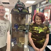 Sam Evardson and Dale Taylor-Lodge with the ouija-themed artwork.