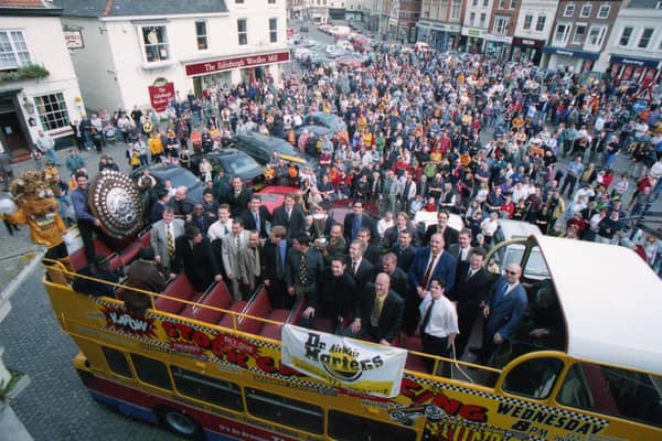 A scene from Boston United's open-top bus tour in May 2000 following championship glory in the Dr Martens League.