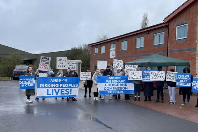 Protesting care workers in Sleaford on Lions Way.