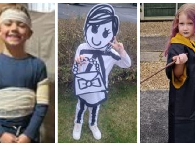 Archie, age 5 as Mr Bump; Hattie aged 5, of Sleaford wearing her 'stick girl' outfit from the Stick Man book; a young Hufflepuff, aged 7, of Sleaford.