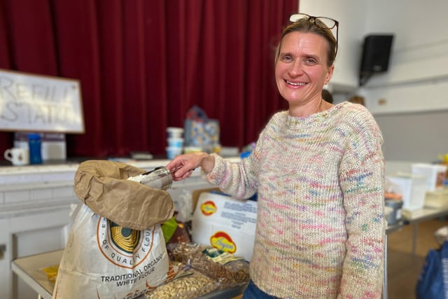 Caroline Charlesworth with a bag of Tradtional Organic White Flour at the Refill Station