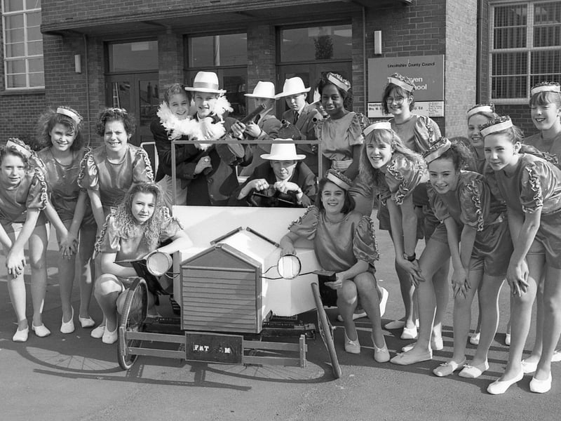 Some of the cast and dancers from Bugsy Malone, as staged by Boston's Haven High School. The show was the school's first large-scale musical production. It involved 50 Haven High pupils, 80 children from Park and Staniland primary schools (who formed a choir), and 84 members of the Allen School of Dance.
