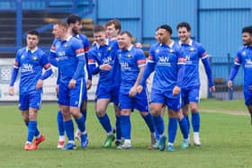 Gainsborough Trinity celebrate adding to their tally against Blyth - Photo by Sean Cook (Foxby Media).