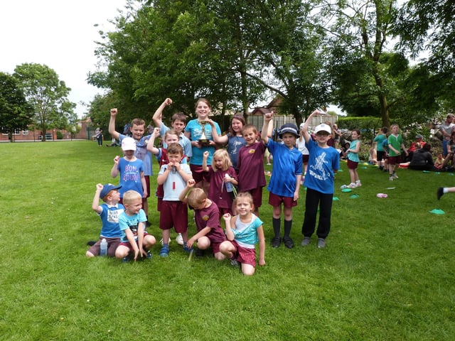 The overall winners of Kelsey Primary School's sports day of 2014, the blue team. For their efforts, they were awarded the sports day trophy.