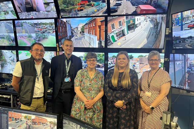 Viewing the new CCTV screens at Boston. L-R Videcom Security Director Danny Harsley, Boston Borough Council and East Lindsey District Council Community Safety Manager Peter Hunn, North Kesteven District Council Executive Member for Community Safety Councillor Sally Tarry, Deputy Police and Crime Commissioner for Lincolnshire Sara Munton and North Kesteven District Council Community Safety Manager Heidi Ryder.