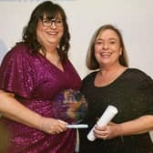 Mandy Jackson (right), CEO of Tanglewood Care Services Ltd, Boston, presenting Jilly Hunt, Manager at Ashdene Care Home in Sleaford, with her award at The Lincolnshire Care Awards 2023.